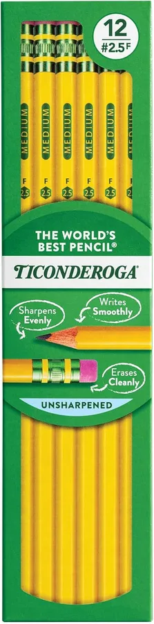 Ticonderoga Wood-Cased Pencils, Unsharpened, #2.5 F Medium, Yellow, 12 Count