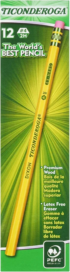 Ticonderoga Wood-Cased Pencils, Unsharpened, #4 2H Extra Hard, Yellow, 12 Count