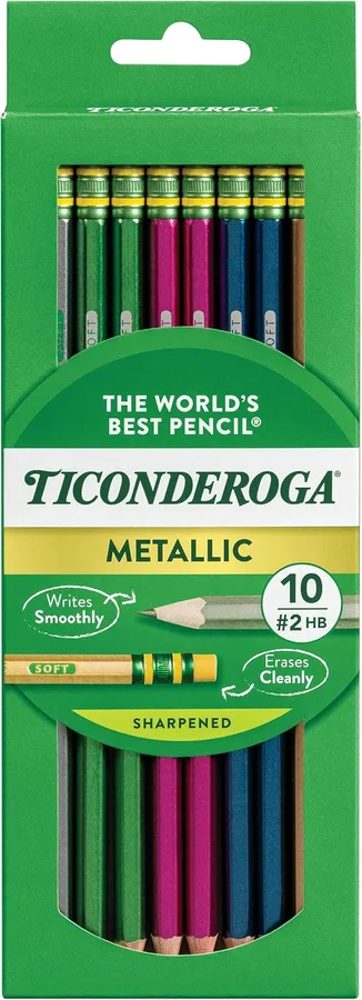 Ticonderoga Wooden Pencils, Pre-Sharpened, #2 HB Soft, Metallic Colors, 10 Count