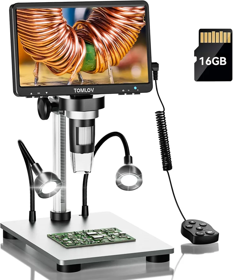 TOMLOV DM9 7" Digital Microscope: 1080P 1200X Coin Microscope Magnifier, 12MP Ultra-Precise Focusing LCD Soldering Microscopes for Adults, PC View, 16GB