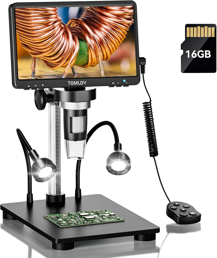 TOMLOV DM9B 7" Digital Microscope: 1080P 1200X Coin Microscope Magnifier, 12MP Ultra-Precise Focusing LCD Soldering Microscopes for Adults, PC View, 16GB, Black