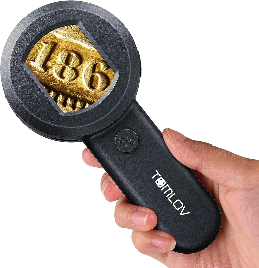 TOMLOV P10 Microscope for Adults Kids, Handheld Coin Magnifier with Light for Error Coins, Portable Trichome Magnifying Glass 100X, Collector Pocket Jewelers Loupe, Digital Microscope with 2" Screen