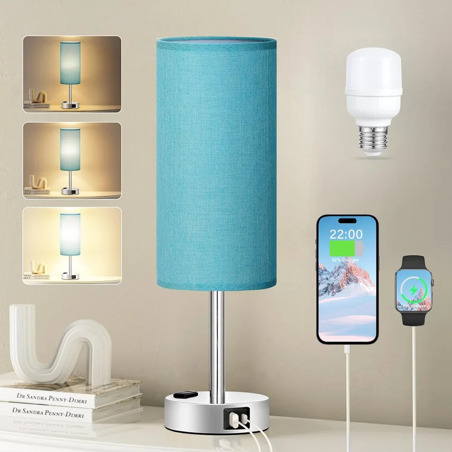 Turquoise Nightstand Table Lamp for Bedroom - 3 Way Dimmable Touch Lamp USB A and C Charging Ports and AC Outlet, Small Lamp for Office Desk with Metal Base, LED Bulb Included