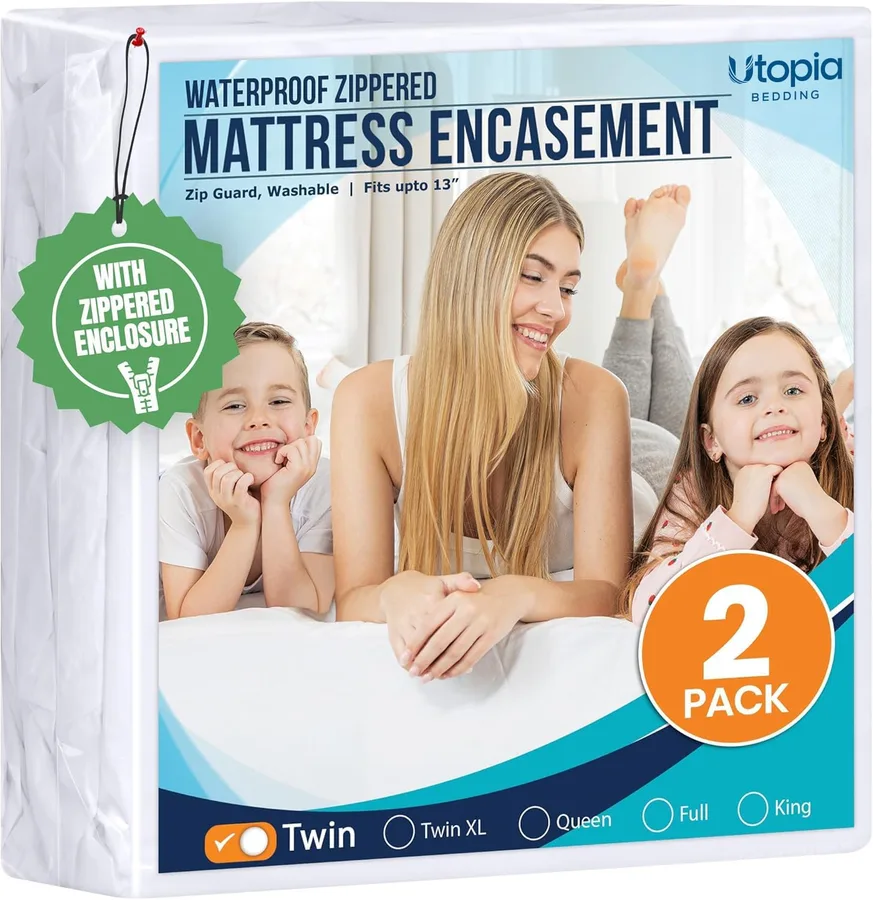 Utopia Bedding Mattress Protector Zippered Twin Size (Pack of 2), 100% Waterproof Bed Bug and Dust Mite Proof Mattress Encasement, Absorbent 6 Sided Mattress Cover