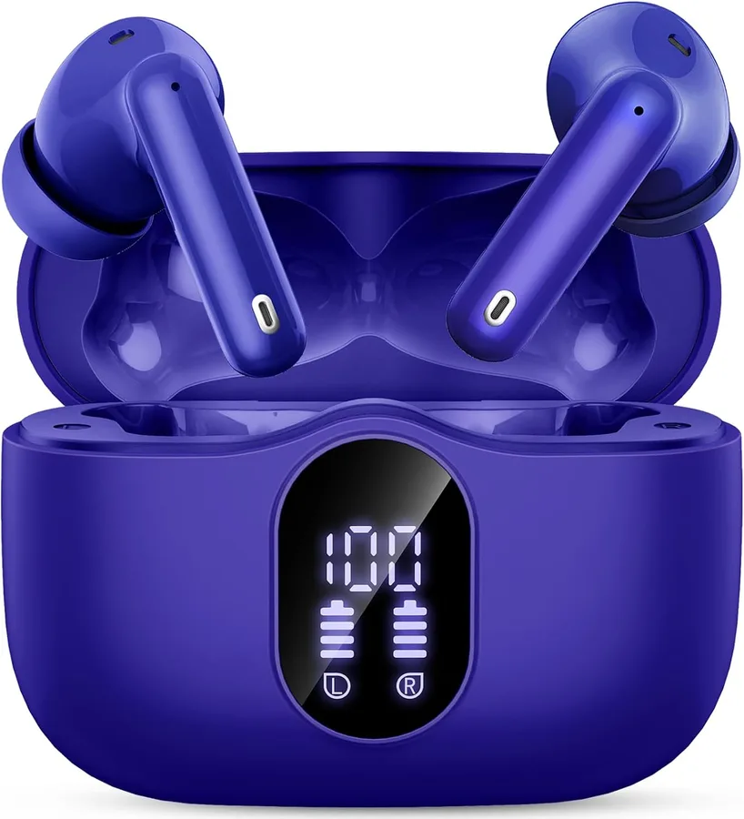 Wireless Earbuds, Bluetooth 5.4 Headphones Bass Stereo/Clear Call,Dark Blue | Ear Buds with Noise Cancelling Mic LED Display in Ear Earphones IP7 Waterproof 36H Bluetooth Earbuds for Phones/Sport/Laptop