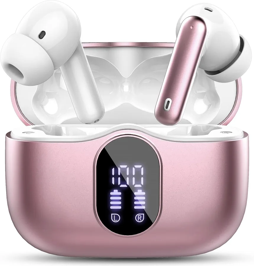 Wireless Earbuds, Bluetooth 5.4 Headphones Bass Stereo/Clear Call,Rose Gold | Ear Buds with Noise Cancelling Mic LED Display in Ear Earphones IP7 Waterproof 36H Bluetooth Earbuds for Phones/Sport/Laptop