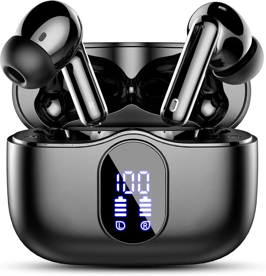 Wireless Earbuds, Bluetooth 5.4 Headphones Bass Stereo/Clear Calls, Black | Ear Buds with Noise Cancelling Mic LED Display in Ear Earphones IP7 Waterproof 36H Bluetooth Earbuds for Phones/Sport/Laptop