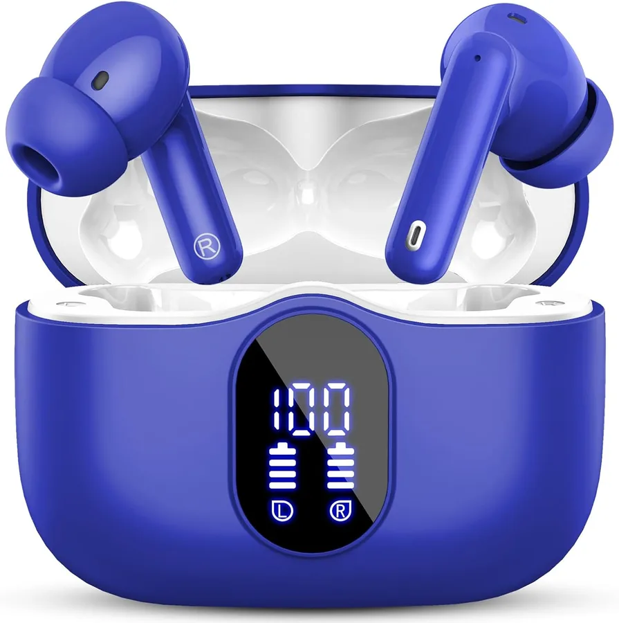 Wireless Earbuds, Bluetooth 5.4 Headphones Bass Stereo/Clear Calls, Blue | Ear Buds with Noise Cancelling Mic LED Display in Ear Earphones IP7 Waterproof 36H Bluetooth Earbuds for Phones/Sport/Laptop