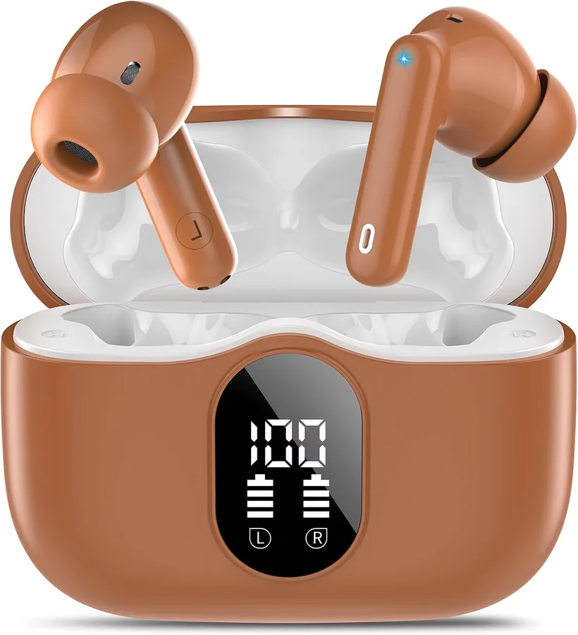 Wireless Earbuds, Bluetooth 5.4 Headphones Bass Stereo/Clear Calls, Brown | Ear Buds with Noise Cancelling Mic LED Display in Ear Earphones IP7 Waterproof 36H Bluetooth Earbuds for Phones/Sport/Laptop