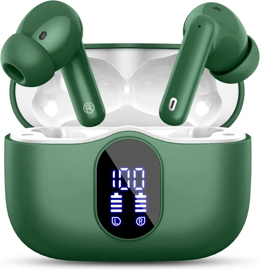 Wireless Earbuds, Bluetooth 5.4 Headphones Bass Stereo/Clear Calls, Green | Ear Buds with Noise Cancelling Mic LED Display in Ear Earphones IP7 Waterproof 36H Bluetooth Earbuds for Phones/Sport/Laptop