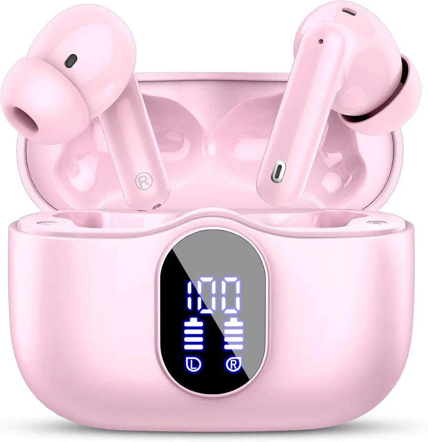 Wireless Earbuds, Bluetooth 5.4 Headphones Bass Stereo/Clear Calls, Pink | Ear Buds with Noise Cancelling Mic LED Display in Ear Earphones IP7 Waterproof 36H Bluetooth Earbuds for Phones/Sport/Laptop
