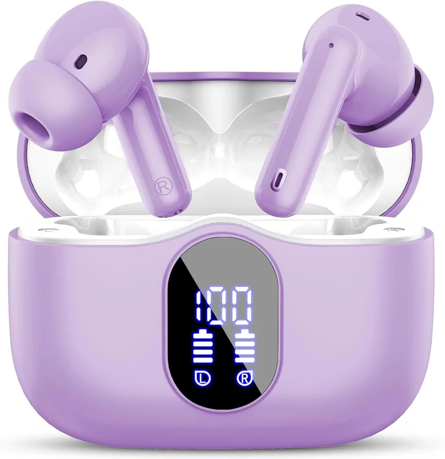 Wireless Earbuds, Bluetooth 5.4 Headphones Bass Stereo/Clear Calls, Purple | Ear Buds with Noise Cancelling Mic LED Display in Ear Earphones IP7 Waterproof 36H Bluetooth Earbuds for Phones/Sport/Laptop