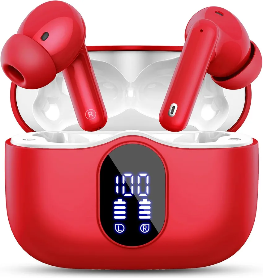 Wireless Earbuds, Bluetooth 5.4 Headphones Bass Stereo/Clear Calls, Red | Ear Buds with Noise Cancelling Mic LED Display in Ear Earphones IP7 Waterproof 36H Bluetooth Earbuds for Phones/Sport/Laptop