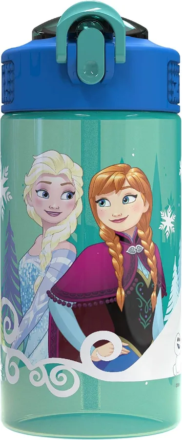 Zak Designs Disney Frozen 16oz Leak-Proof Straw Kids Water Bottle, Plastic | BPA Free, Handle, Cupholder Friendly, Dishwasher Safe, Easy to Clean, Lid Lock, Handle, Reuseable, For School, Home, Travel