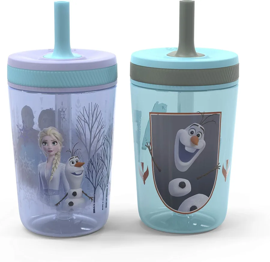 Zak Designs Disney Frozen II Movie Kelso Tumbler Set, Leak-Proof Screw-On Lid with Straw, Made of Durable Plastic and Silicone, Perfect Bundle for Kids (Frozen 2 Olaf, 15 oz, 2pc Set)
