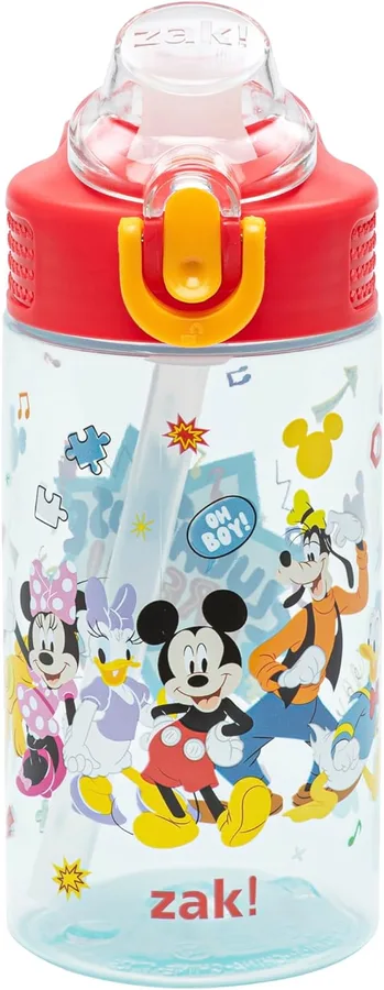 Zak Designs Disney Mickey Sage 16oz Leak-Proof Straw Kids Water Bottle | BPA Free, Durable Plastic, Cupholder Friendly, Dishwasher Safe, Easy to Clean, Lid Lock, Handle, For School, Home, Travel