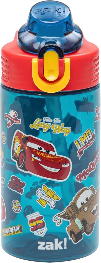 Zak Designs Disney Pixar Cars Sage 16oz Leak-Proof Straw Kids Water Bottle | BPA Free, Durable Plastic, Cupholder Friendly, Dishwasher Safe, Easy to Clean, Lid Lock, Handle, For School, Home, Travel