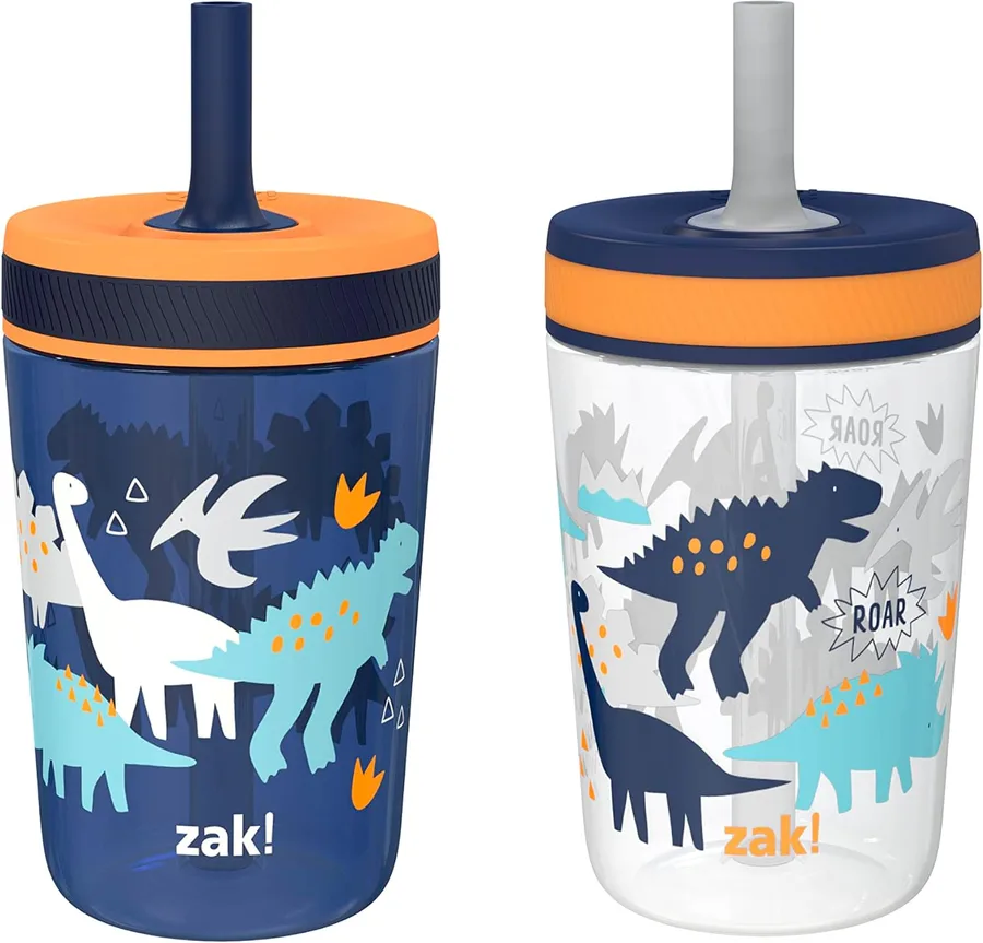 Zak Designs Kelso Toddler Cups For Travel or At Home, 15oz 2-Pack Durable Plastic Sippy Cups With Leak-Proof Design is Perfect For Kids (DinoRoar, Zaksaurus) | BPA Free, Plastic, Sippy Cups, Cup Holder Friendly, Dishwasher Safe, Easy to Clean, Dinosaur, For Preschool, Home or Daycare