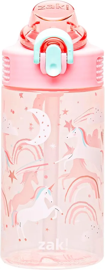 Zak Designs Unicorn Sage 16oz Leak-Proof Straw Kids Water Bottle, Plastic | BPA Free, Cupholder Friendly, Handle, Dishwasher Safe, Lock Lid, Easy to Clean, Lid Lock, For School, Home, Travel, Outdoor